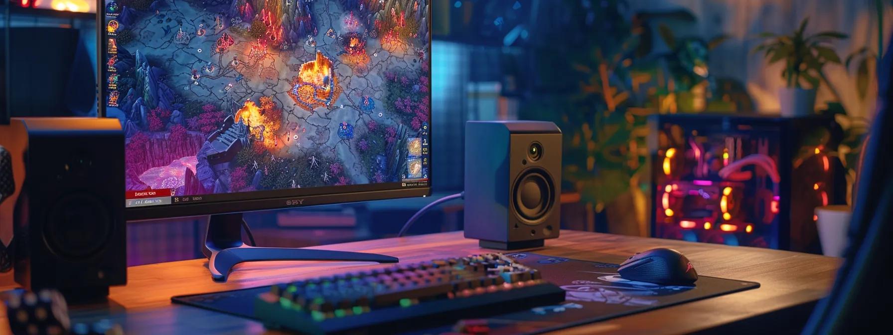 an engaging and vibrant gaming setup showcases a computer screen displaying a rich dungeons and dragons map alongside colorful character sheets and digital dice rollers, all illuminated by the warm glow of ambient lighting in a modern office space. an engaging and vibrant gaming setup showcases a computer screen displaying a rich dungeons and dragons map alongside colorful character sheets and digital dice rollers, all illuminated by the warm glow of ambient lighting in a modern office space.