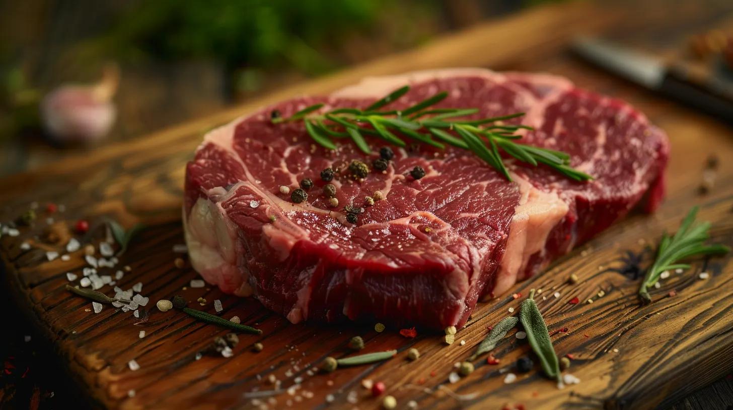 an engaging close-up shot of a succulent, marbled grass-fed beef steak on a polished wooden table, surrounded by rustic kitchen elements like organic herbs and spices, emphasizing the quality and care of sustainable farming practices. an engaging close-up shot of a succulent, marbled grass-fed beef steak on a polished wooden table, surrounded by rustic kitchen elements like organic herbs and spices, emphasizing the quality and care of sustainable farming practices.