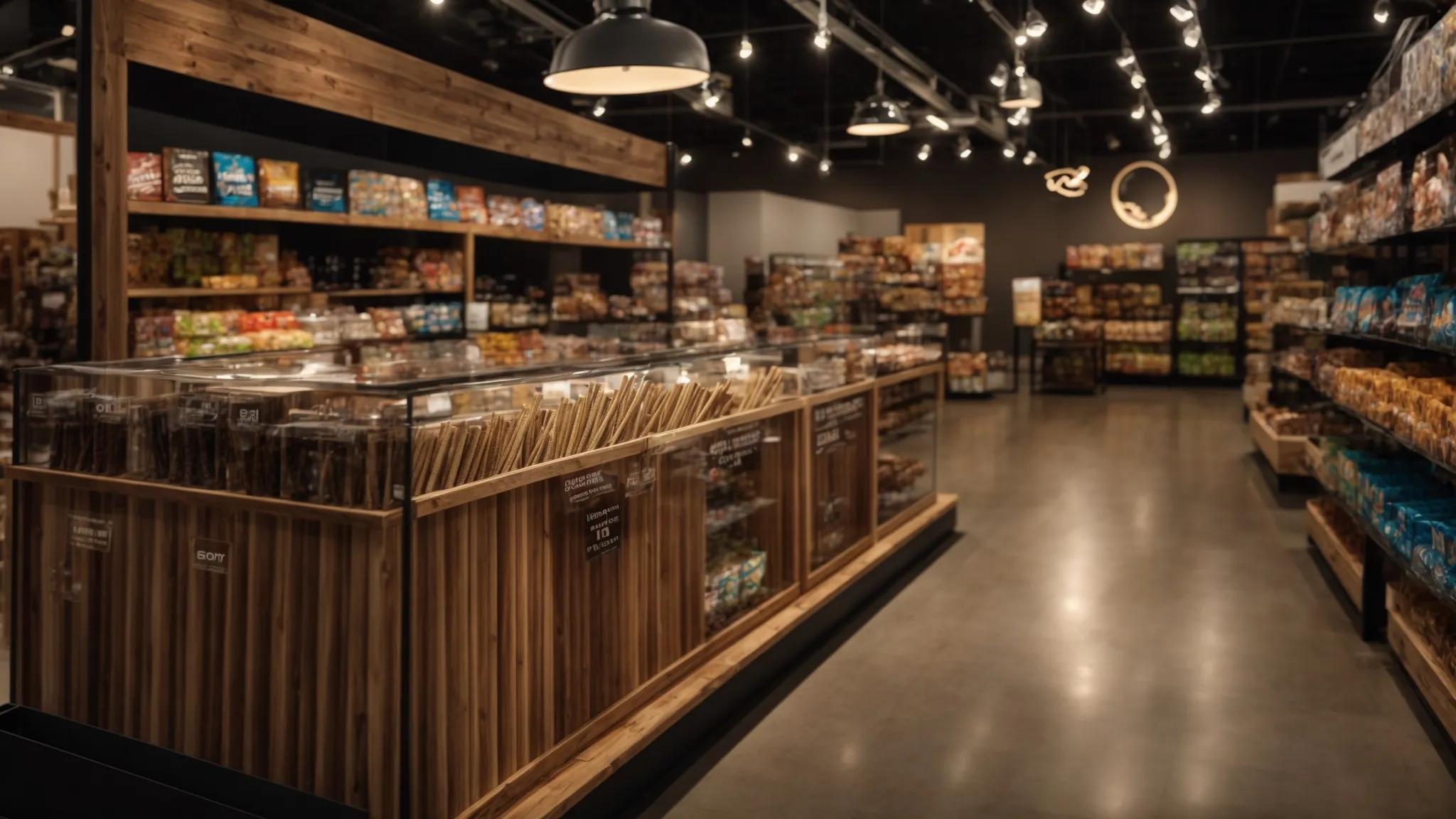 an engaging indoor pet supply store display showcases a variety of pizzle sticks and bully sticks, highlighting their distinctive textures and appealing packaging, attracting the attention of curious dogs. an engaging indoor pet supply store display showcases a variety of pizzle sticks and bully sticks, highlighting their distinctive textures and appealing packaging, attracting the attention of curious dogs.