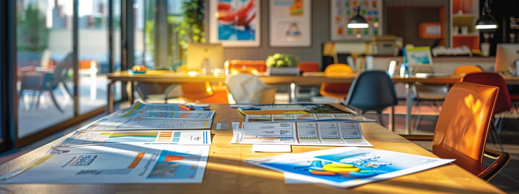 an engaging indoor scene depicts a vibrant display of various rafting package brochures and pricing charts spread across a modern conference table in a well-lit adventure planning office, highlighting options for pre-college rafting trips.