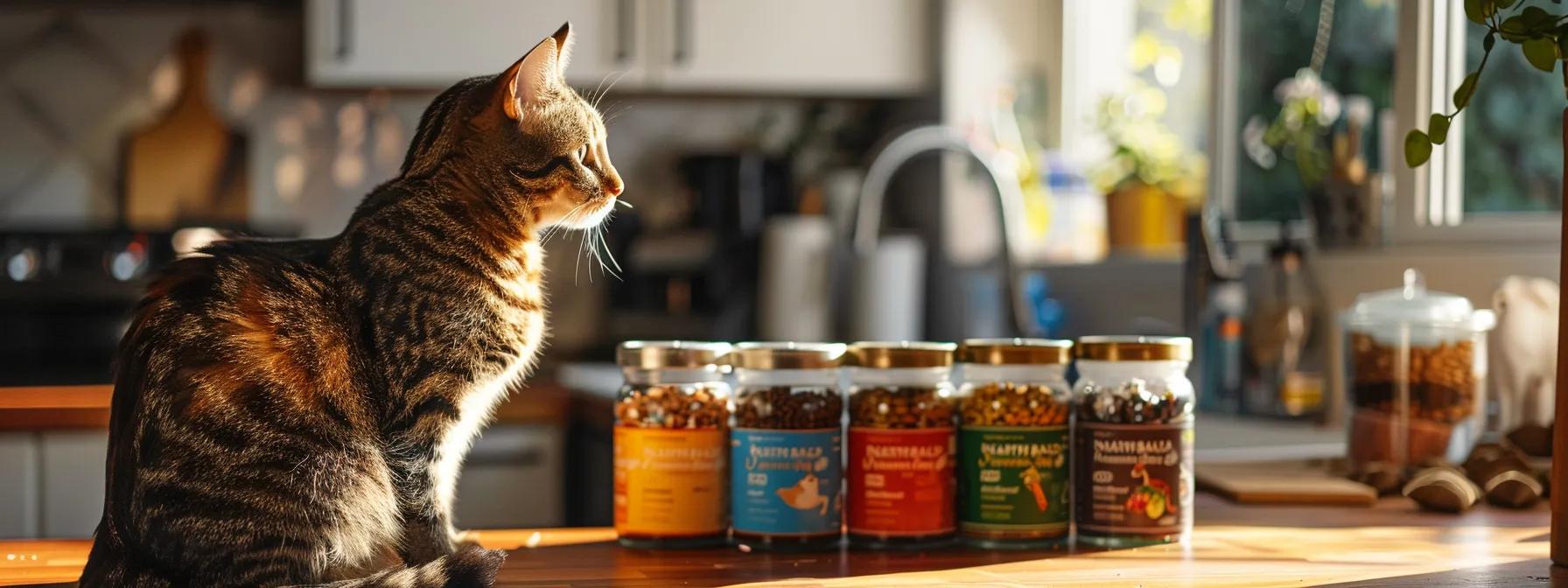 an engaging, modern kitchen scene showcases a range of vibrant natural balance cat food products neatly arranged on a countertop, with distinct labels indicating formulations for kittens, adults, and seniors, emphasizing tailored nutrition for every life stage of cats. an engaging, modern kitchen scene showcases a range of vibrant natural balance cat food products neatly arranged on a countertop, with distinct labels indicating formulations for kittens, adults, and seniors, emphasizing tailored nutrition for every life stage of cats.