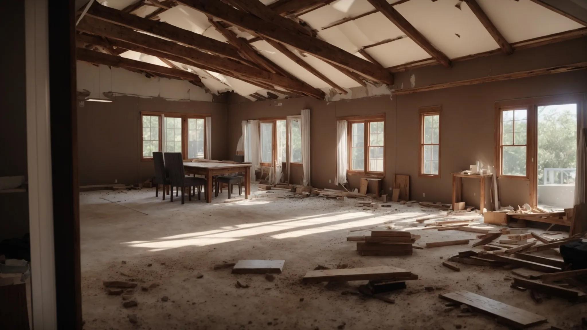 an engaging scene of a spacious residential interior undergoing a meticulous demolition, showcasing exposed beams and scattered debris under soft, natural light filtering through large windows, embodying the transformative process of home renovation. an engaging scene of a spacious residential interior undergoing a meticulous demolition, showcasing exposed beams and scattered debris under soft, natural light filtering through large windows, embodying the transformative process of home renovation.