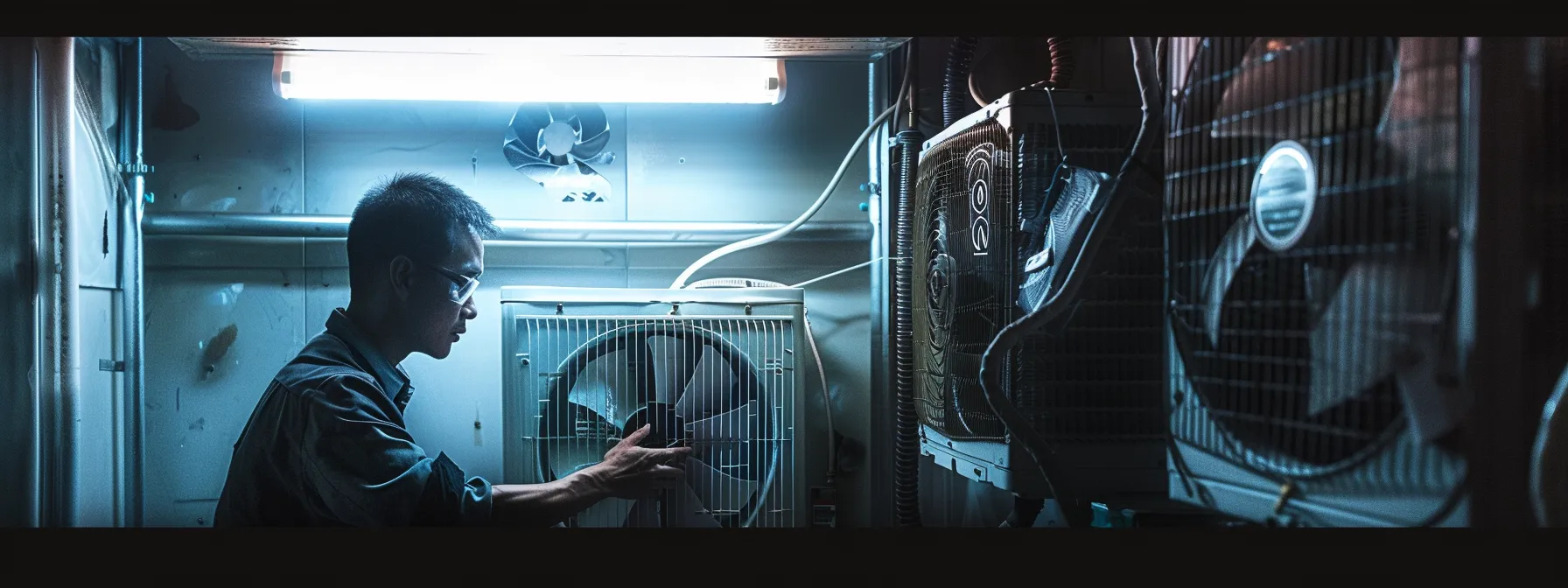 an experienced hvac technician inspecting an air conditioning unit with money-saving deals and maintenance plans displayed in the background. an experienced hvac technician inspecting an air conditioning unit with money-saving deals and maintenance plans displayed in the background.
