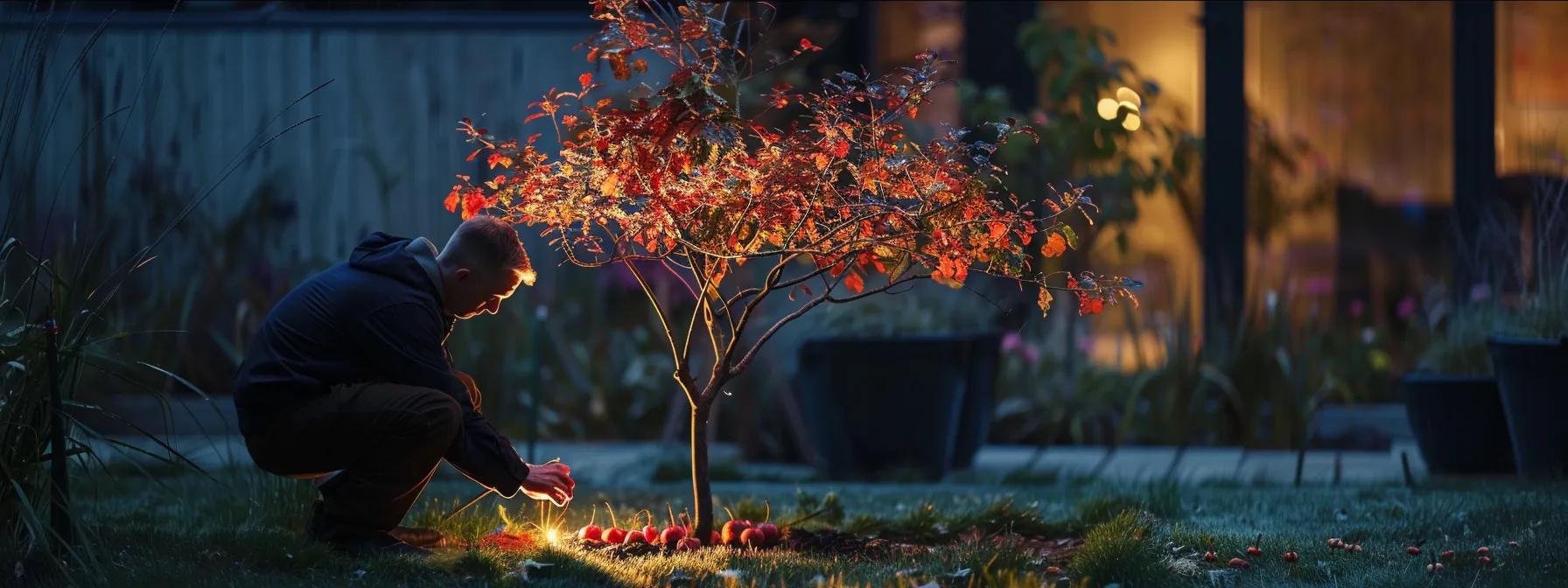an expert horticulturist meticulously inspects a healthy prairie fire crabapple tree in a modern urban garden setting, emphasizing the intricate relationship between planting depth and root development under soft, artificial lighting. an expert horticulturist meticulously inspects a healthy prairie fire crabapple tree in a modern urban garden setting, emphasizing the intricate relationship between planting depth and root development under soft, artificial lighting.