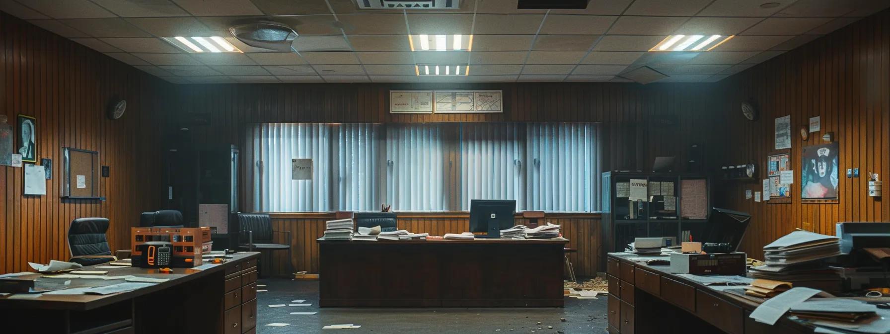 an imposing, modern martial arts school office, starkly illuminated by overhead led lights, showcases a cluttered desk strewn with unaddressed feedback forms, conveying a profound sense of neglect towards member concerns.