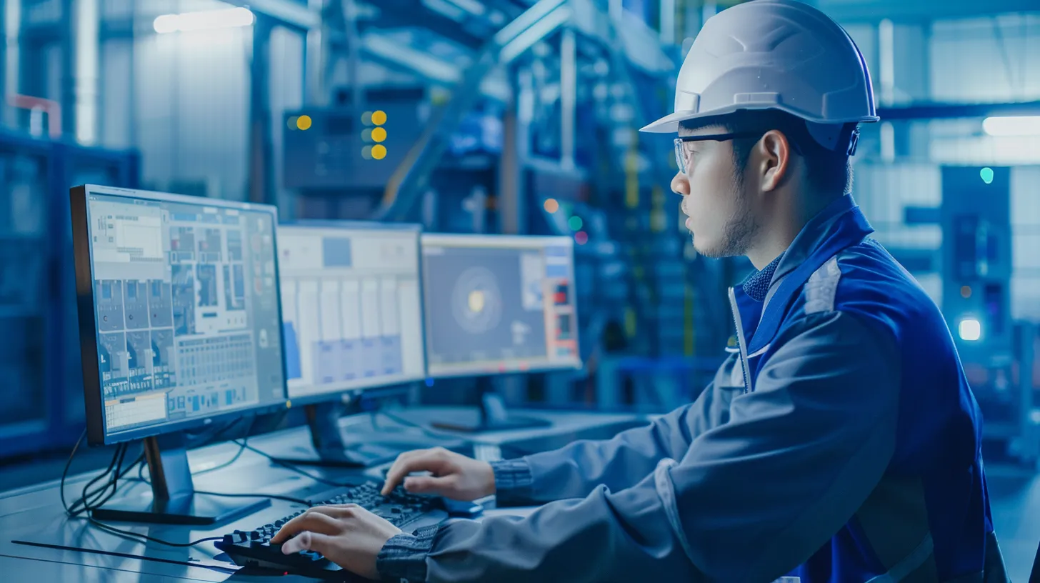 an image of an industrial engineer using a computer in the industrial floor.