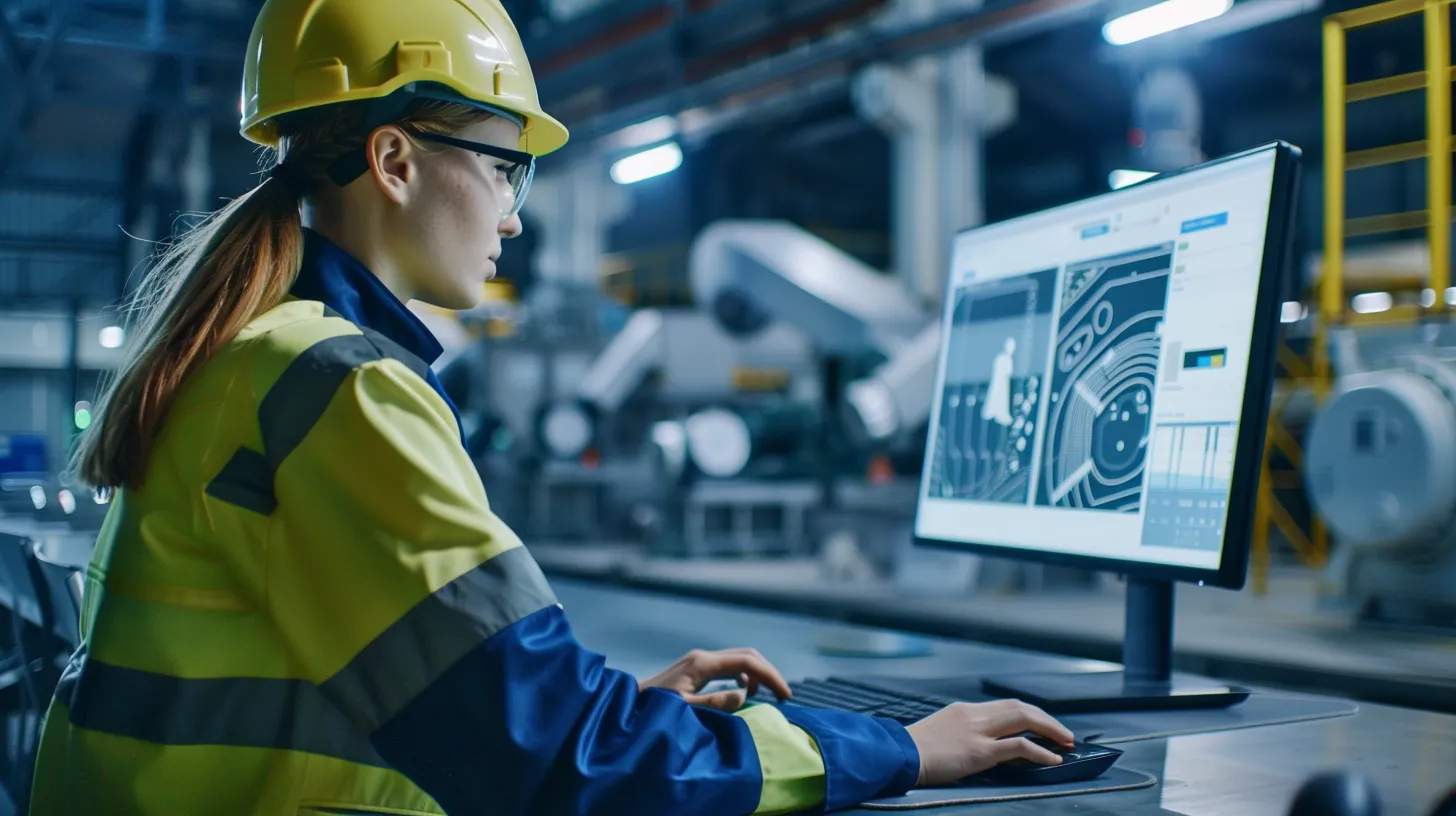 an image of an industrial engineer using a computer in the industrial floor.