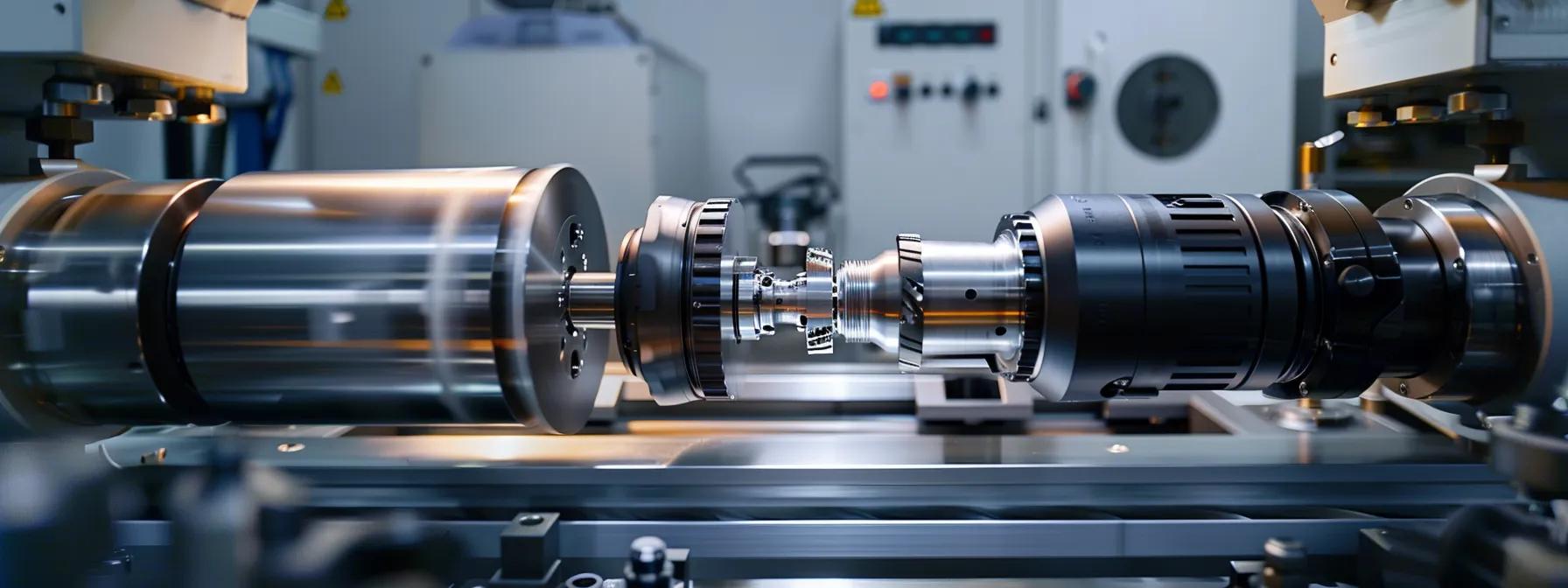 an intricate cnc machining workstation filled with advanced machinery and precise components, showcasing the complexity of production with detailed tooling and setup elements under focused artificial lighting.