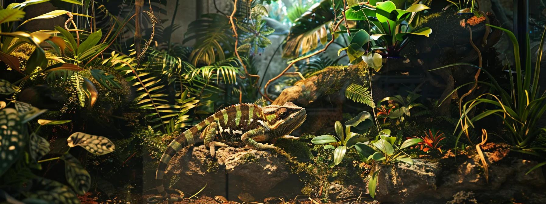 an intricately designed chameleon habitat, showcasing a meticulously arranged indoor enclosure with precise temperature controls, ambient lighting, and various textures, emphasizing the importance of a well-optimized environment in preventing health issues. an intricately designed chameleon habitat, showcasing a meticulously arranged indoor enclosure with precise temperature controls, ambient lighting, and various textures, emphasizing the importance of a well-optimized environment in preventing health issues.