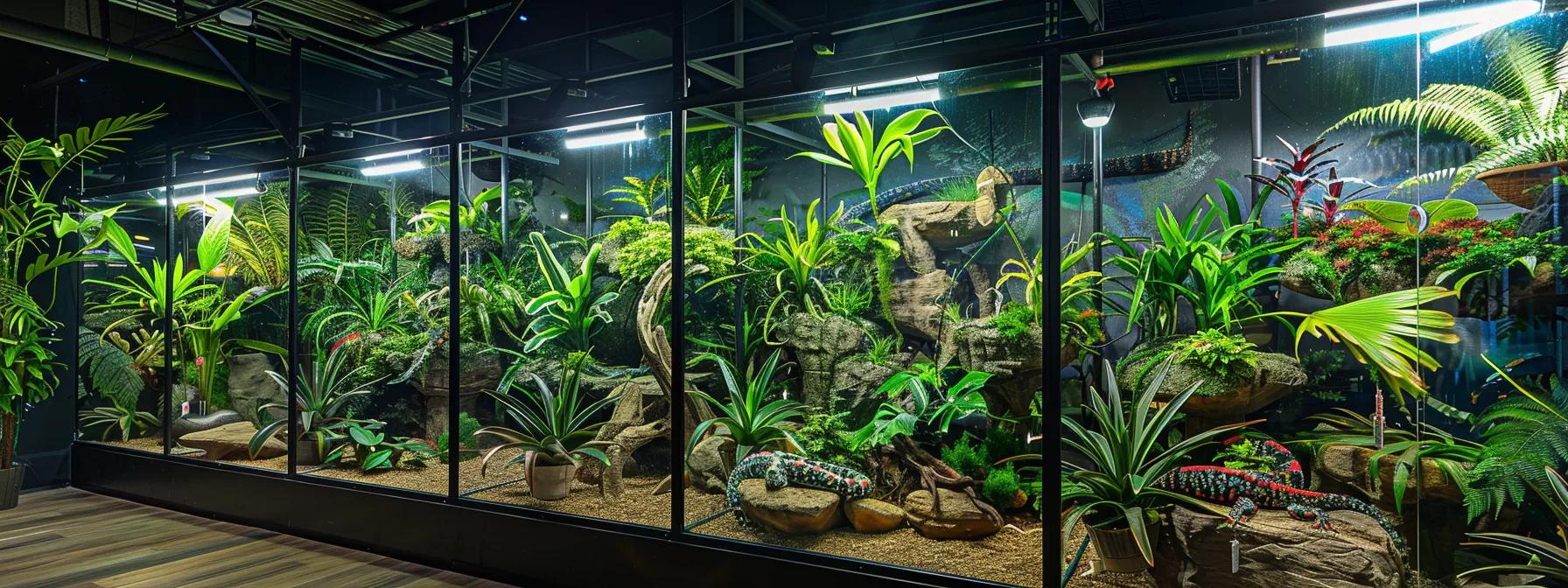 an intricately designed reptile enclosure features distinct basking and cool zones, with clear, vibrant thermometers indicating temperature gradients in an urban pet store setting that emphasizes the importance of regulated habitats for reptiles. an intricately designed reptile enclosure features distinct basking and cool zones, with clear, vibrant thermometers indicating temperature gradients in an urban pet store setting that emphasizes the importance of regulated habitats for reptiles.