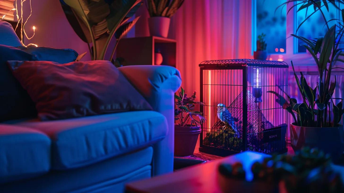 an inviting, modern bird owner's living space showcases a stylish bird cage illuminated by vibrant, energy-efficient led lights, emphasizing the positive ambiance and health benefits for both pets and their owners. an inviting, modern bird owner's living space showcases a stylish bird cage illuminated by vibrant, energy-efficient led lights, emphasizing the positive ambiance and health benefits for both pets and their owners.