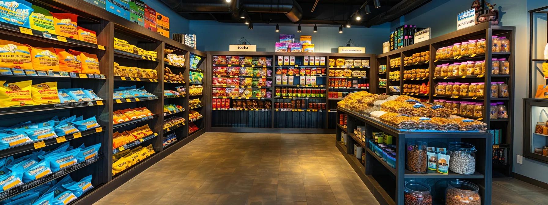 an inviting, modern pet store interior displays an array of colorful, healthy dog treat alternatives, featuring prominently labeled sections for bully sticks, dental chews, and freeze-dried meat treats, all under bright, artificial lighting that highlights their textures and appeal. an inviting, modern pet store interior displays an array of colorful, healthy dog treat alternatives, featuring prominently labeled sections for bully sticks, dental chews, and freeze-dried meat treats, all under bright, artificial lighting that highlights their textures and appeal.