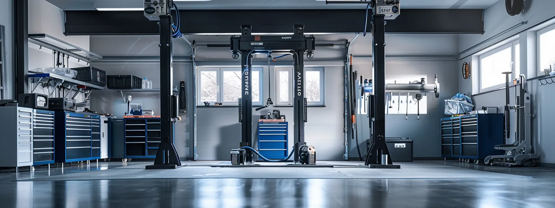 an organized garage setting featuring a two-post automotive lift, showcasing detailed ceiling height measurements and floor space optimization, with an adjacent tool station emphasizing efficiency in vehicle maintenance.