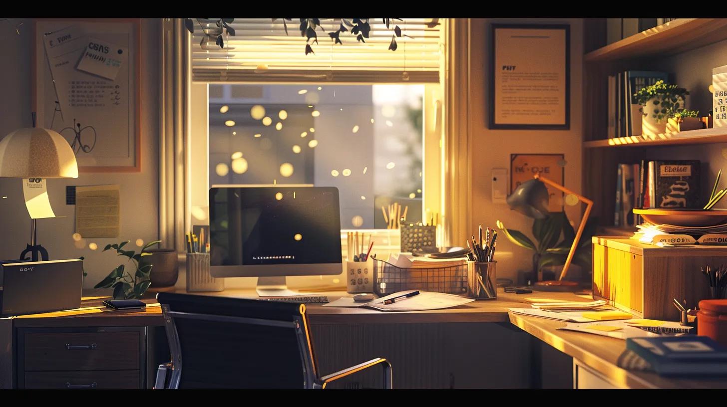 an organized home office bathed in warm, ambient light features a meticulously arranged cleaning checklist on a sleek desk, surrounded by neatly stacked cleaning supplies and a fresh, inviting workspace, symbolizing the transition to a new school year.
