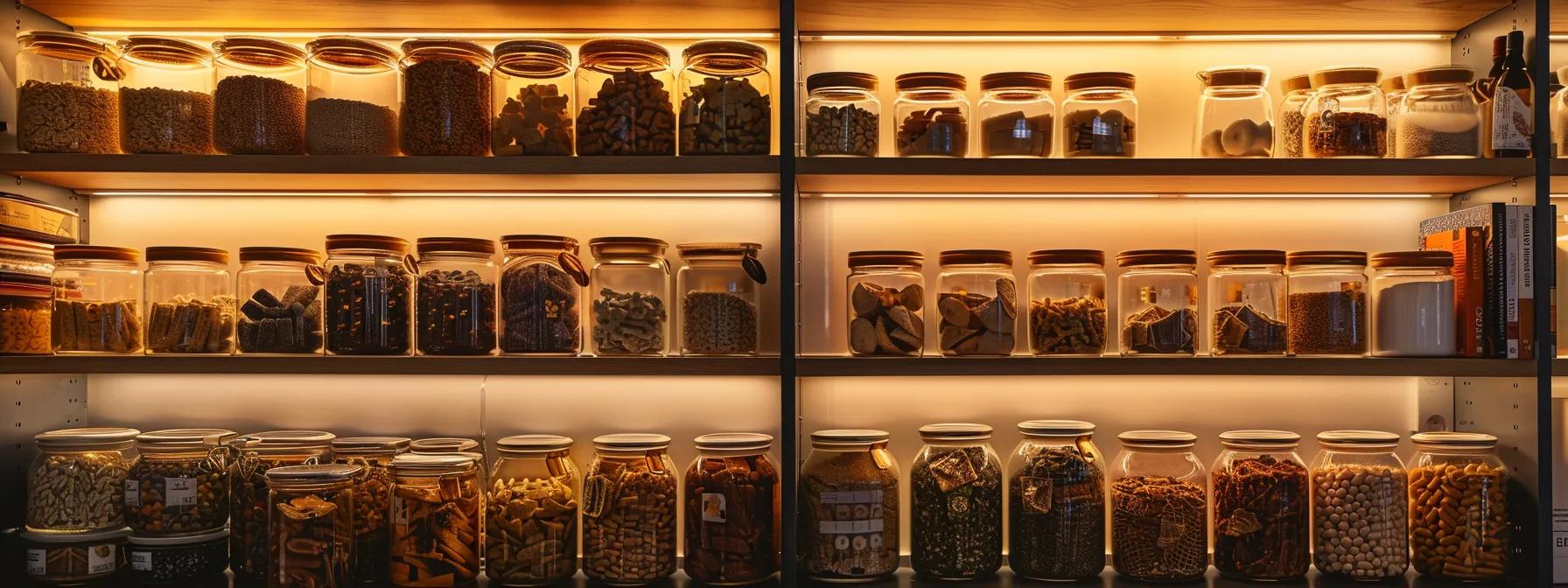 an organized kitchen pantry showcases neatly arranged containers of freeze-dried dog treats, each clearly labeled, illuminated by warm overhead lights that emphasize the importance of proper food storage for maintaining treat quality. an organized kitchen pantry showcases neatly arranged containers of freeze-dried dog treats, each clearly labeled, illuminated by warm overhead lights that emphasize the importance of proper food storage for maintaining treat quality.