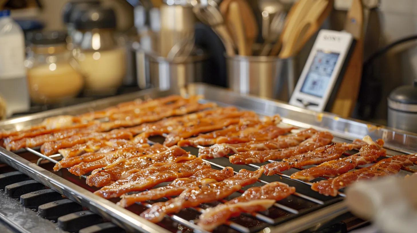 an organized kitchen workspace features a close-up of marinated chicken strips laid out on a drying rack, with various utensils and a digital thermometer nearby, highlighting the meticulous process of troubleshooting chicken jerky preparation challenges. an organized kitchen workspace features a close-up of marinated chicken strips laid out on a drying rack, with various utensils and a digital thermometer nearby, highlighting the meticulous process of troubleshooting chicken jerky preparation challenges.