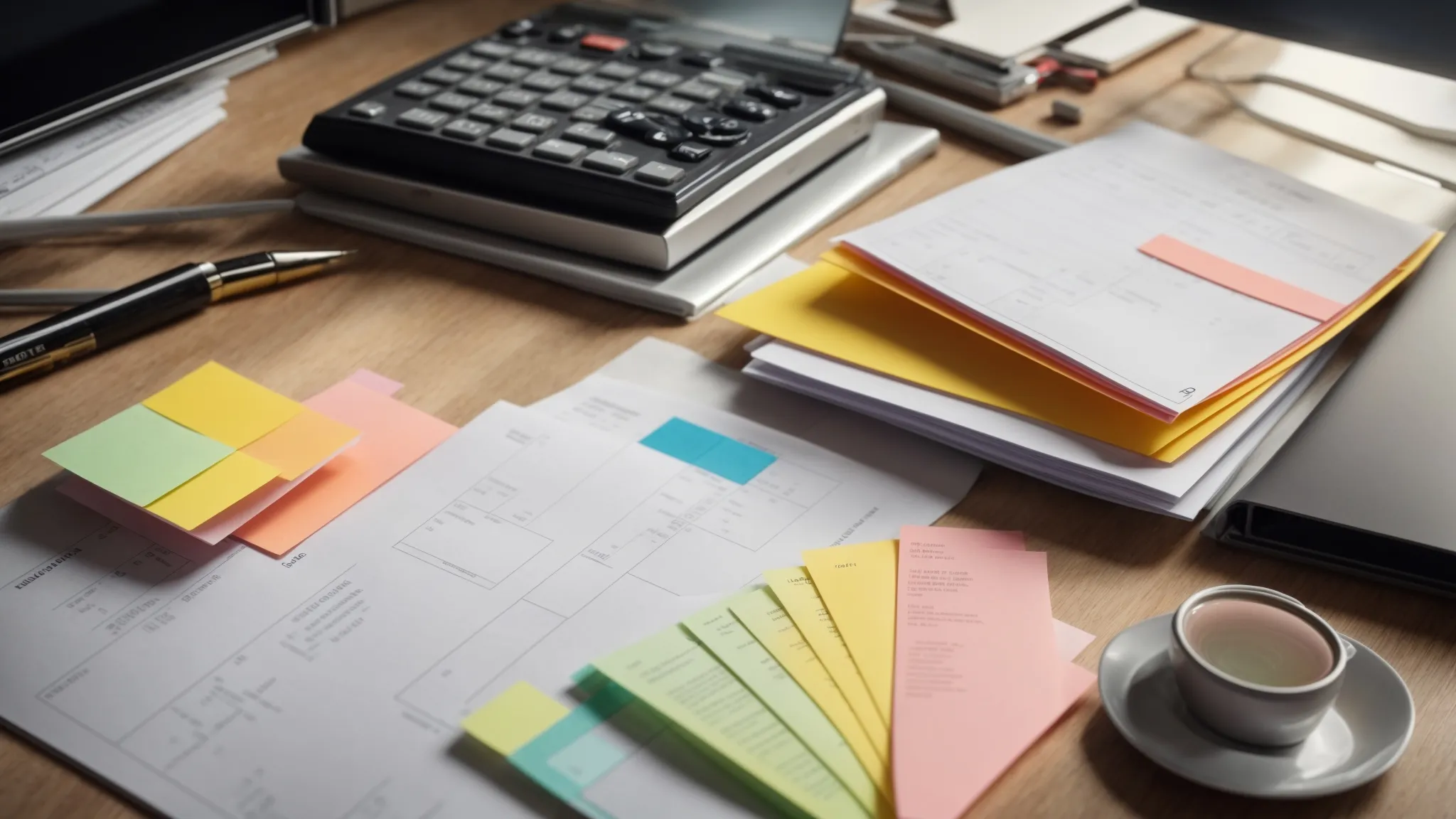 an organized workspace featuring blueprints, color-coded post-it notes, and a calculator, illuminated by natural light, embodies a structured approach to developing a budgeting strategy in construction. an organized workspace featuring blueprints, color-coded post-it notes, and a calculator, illuminated by natural light, embodies a structured approach to developing a budgeting strategy in construction.