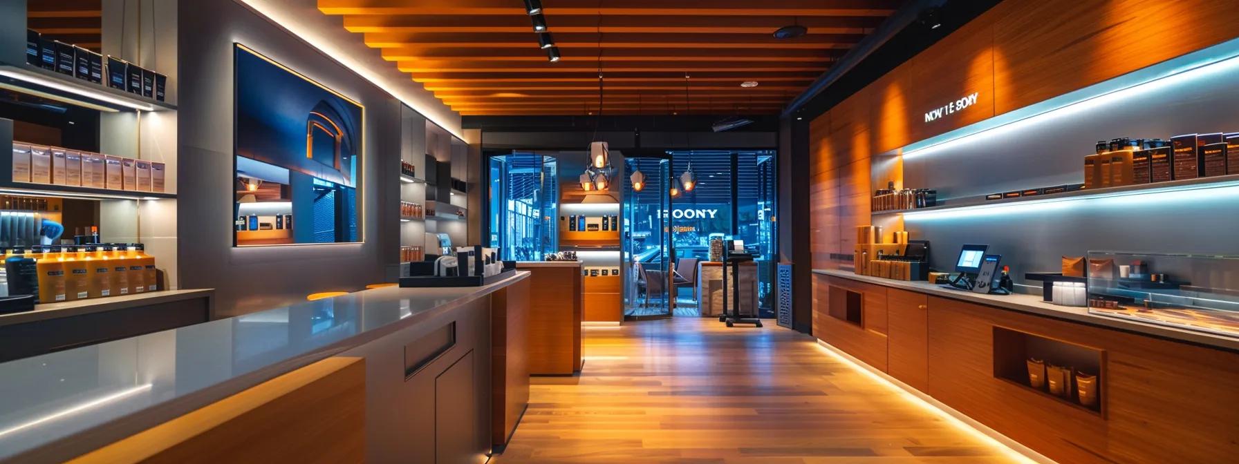 an upscale male grooming salon features a sleek waxing station with a polished countertop, bright overhead lighting, and a prominently displayed selection of high-end wax products, emphasizing the luxurious experience of male waxing as a superior hair removal method.