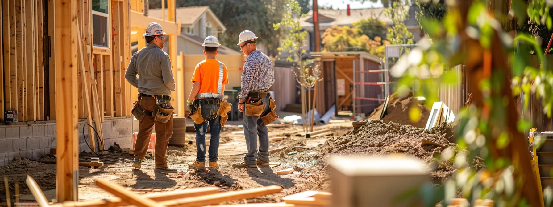 an urban construction site in sacramento showcases workers discussing curb design, surrounded by architectural plans and climate-appropriate materials, emphasizing the impact of local factors on real estate investments.