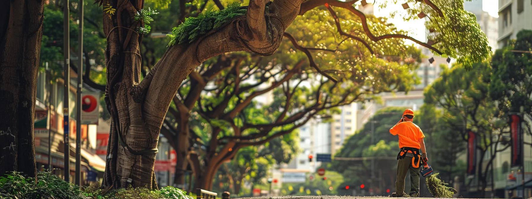 an urban landscape showcases a skilled arborist in action, expertly pruning a large tree near a bustling sidewalk, highlighting the essential maintenance that enhances safety for pedestrians and properties in a city environment. an urban landscape showcases a skilled arborist in action, expertly pruning a large tree near a bustling sidewalk, highlighting the essential maintenance that enhances safety for pedestrians and properties in a city environment.