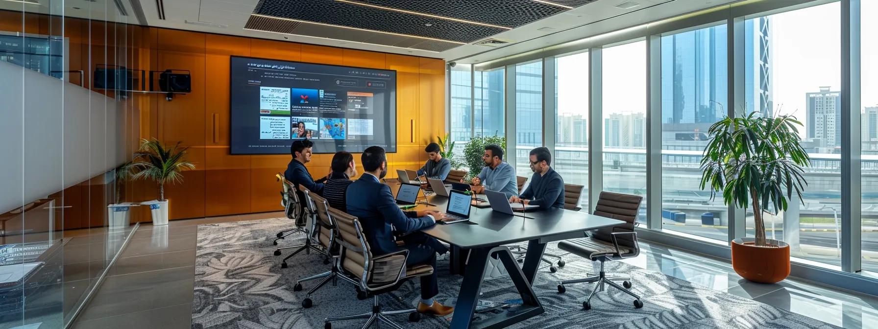 an urban office space in dubai, featuring a sleek conference table with a large digital screen displaying a step-by-step wordpress plugin development workflow, surrounded by focused professionals engaged in a collaborative discussion, embodying the essence of meticulous planning and innovation.