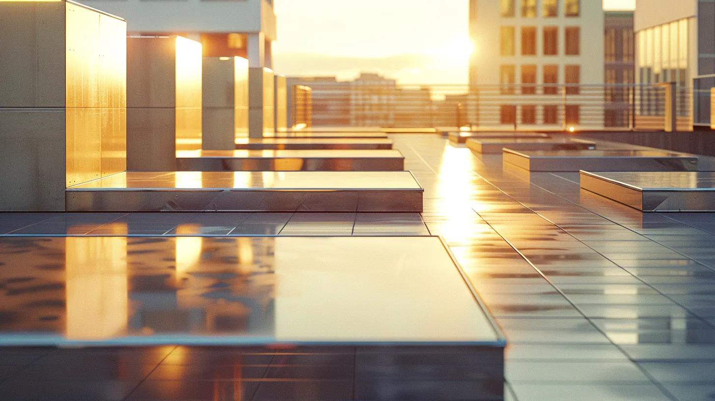 an urban rooftop adorned with sleek, reflective roofing materials glistens under the summer sun, showcasing their advanced thermal resistance and energy efficiency in a modern architectural setting.