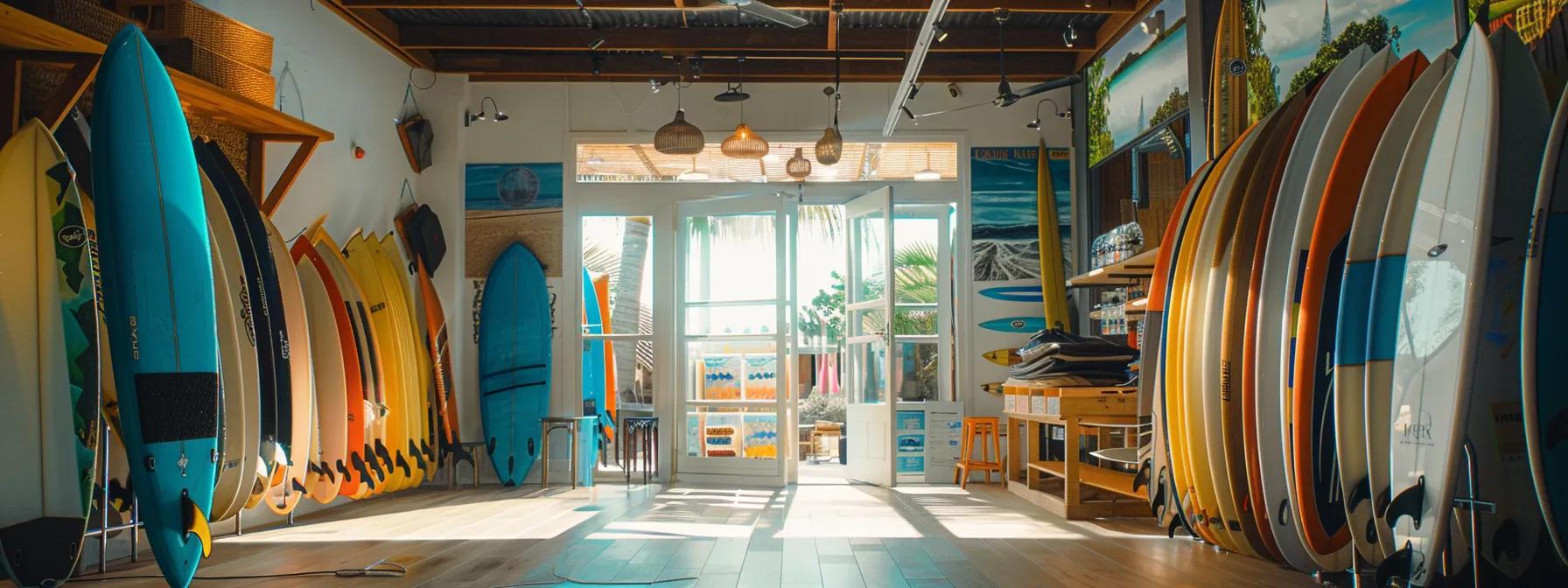 generate an electric surfboards and water sports shop in Melbourne just in the middle of a tropical beach