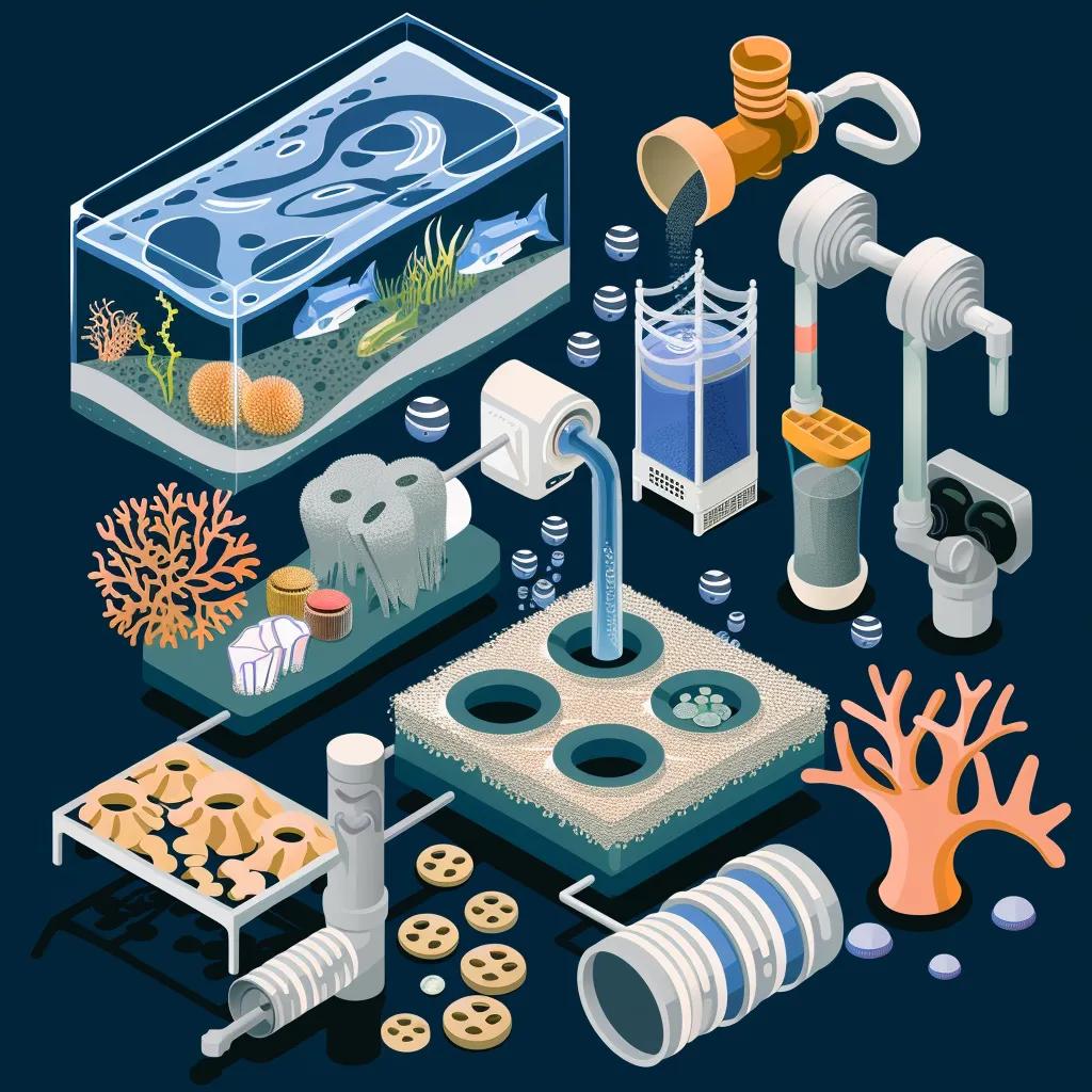 Visual representation of mechanical, chemical, and biological filtration methods in aquariums