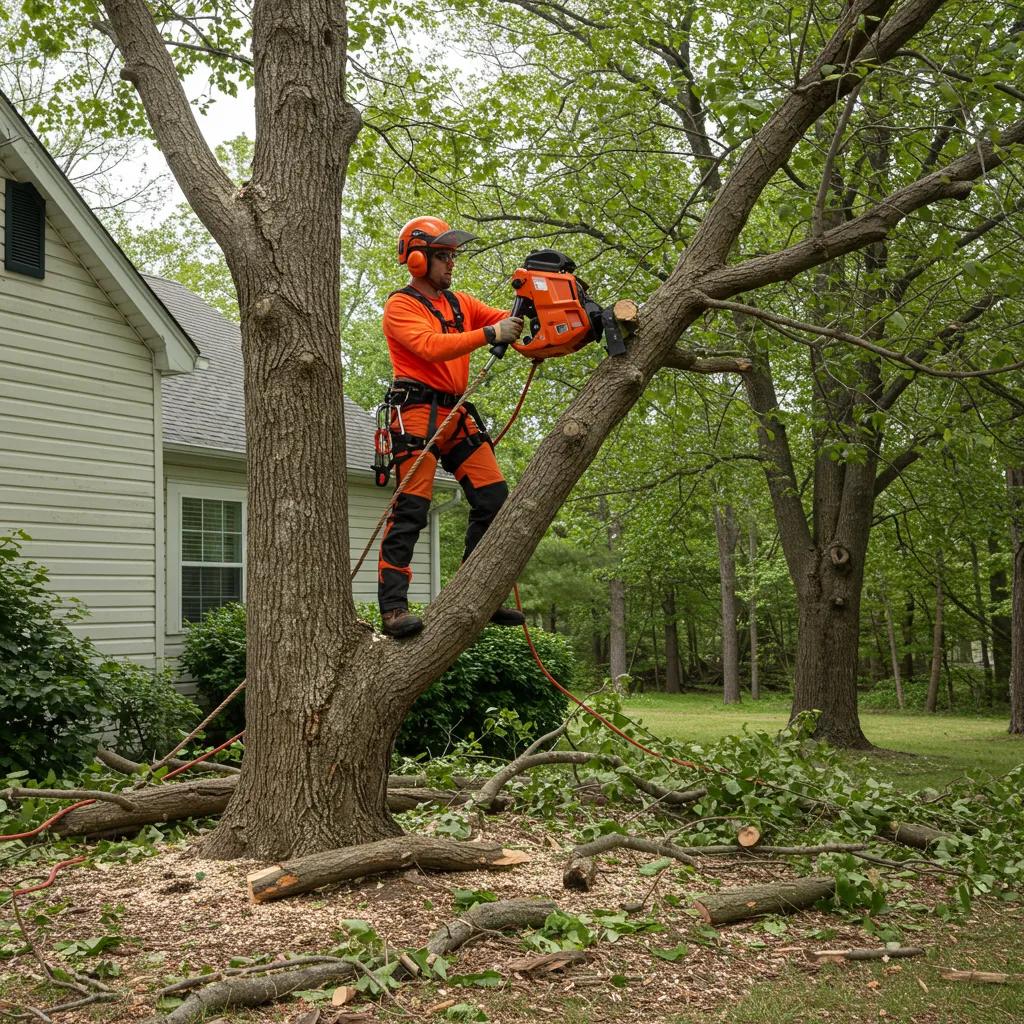 Arborist removing hazardous branches near a house, highlighting tree trimming for property safety
