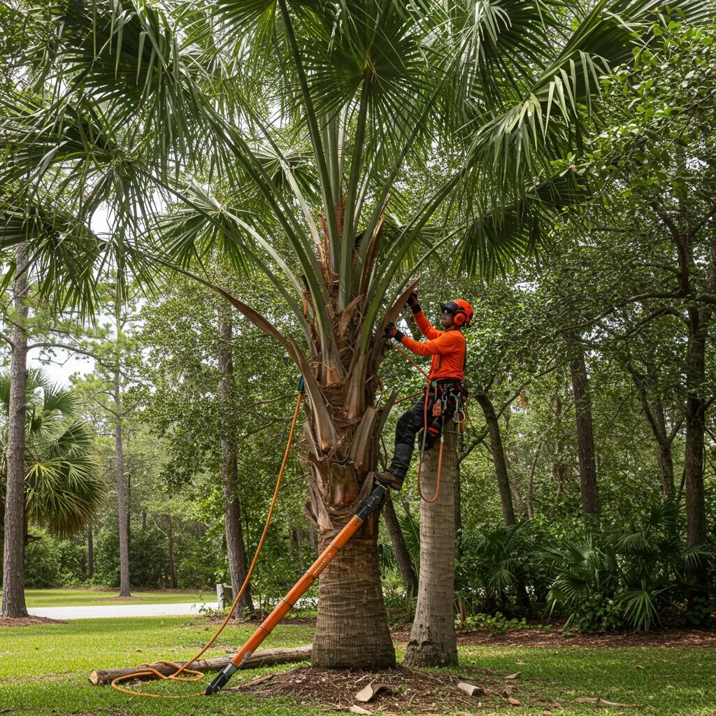 Arborist trimming palm tree to improve health and property value in Volusia