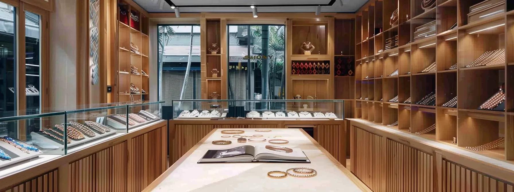 a chic urban boutique showcases an array of elegant fashion bracelets displayed on sleek wooden shelves, with a stylish style guide open on a marble counter, emphasizing the latest trends in jewelry styling.