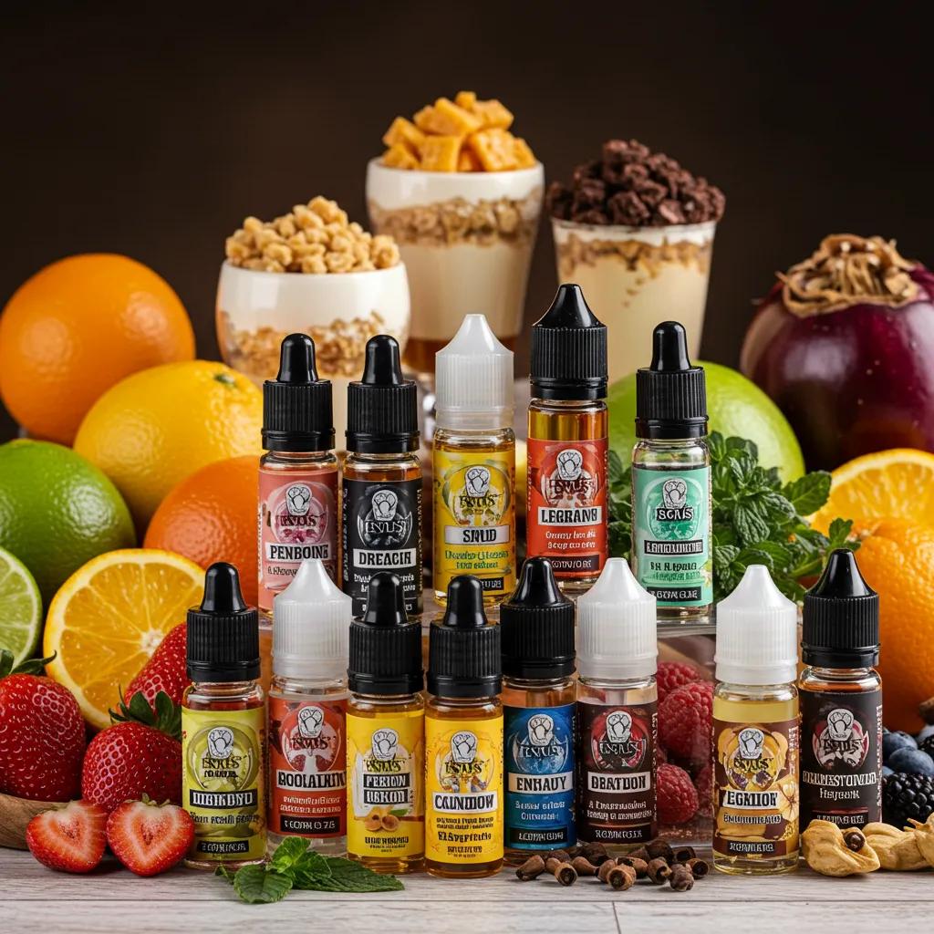 A vibrant display of e-liquid flavors alongside fresh ingredients, showcasing the wide variety available