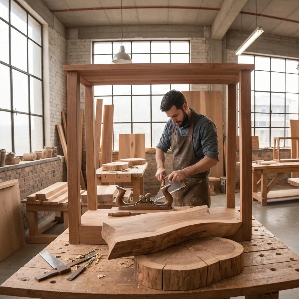 A skilled artisan meticulously shaping a piece of timber furniture with hand tools in a well-lit workshop, showcasing dedication to eco-friendly practices