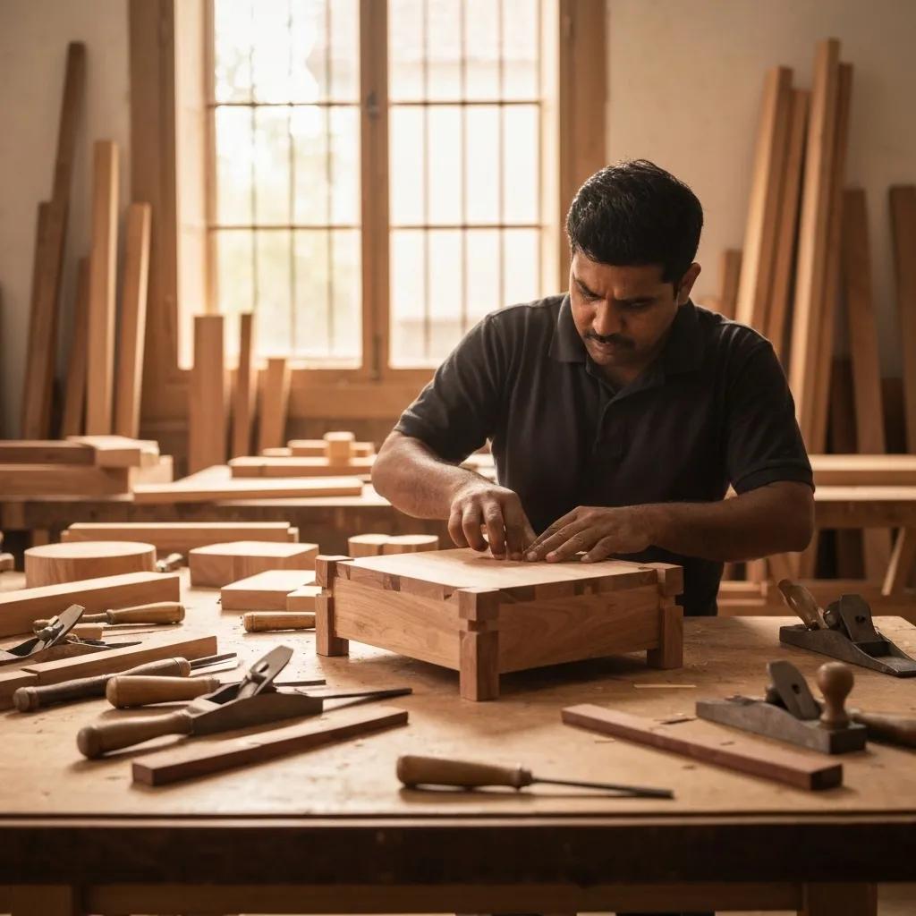 Skilled artisan meticulously working on a piece of timber furniture, surrounded by tools and raw materials in a workshop setting