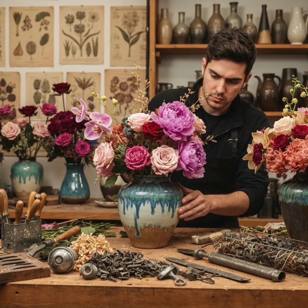 Artisan florist creating custom floral designs with preserved roses and exotic orchids in a workshop