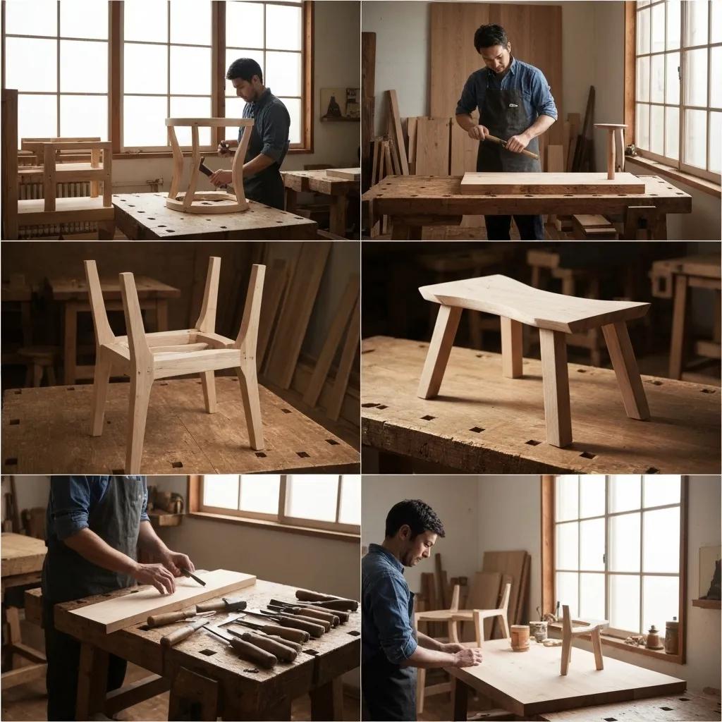 Artisan workshop scene depicting the custom design process for bespoke timber furniture