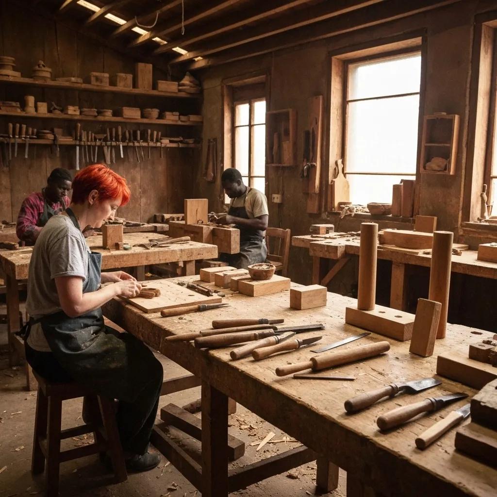 Artisans crafting custom timber furniture, highlighting sustainable practices and craftsmanship in a workshop