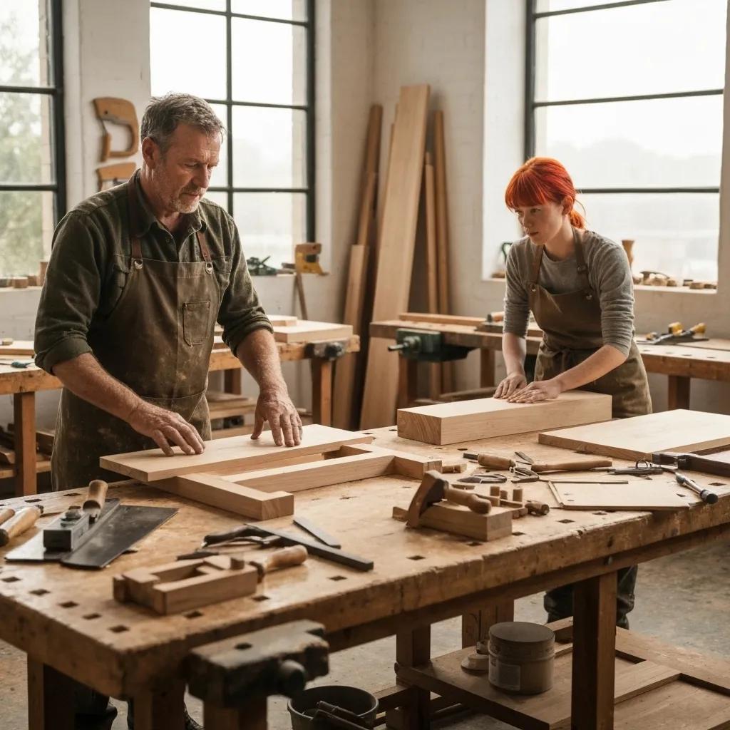 Skilled artisans meticulously crafting furniture from FSC-certified timber in a dedicated workshop