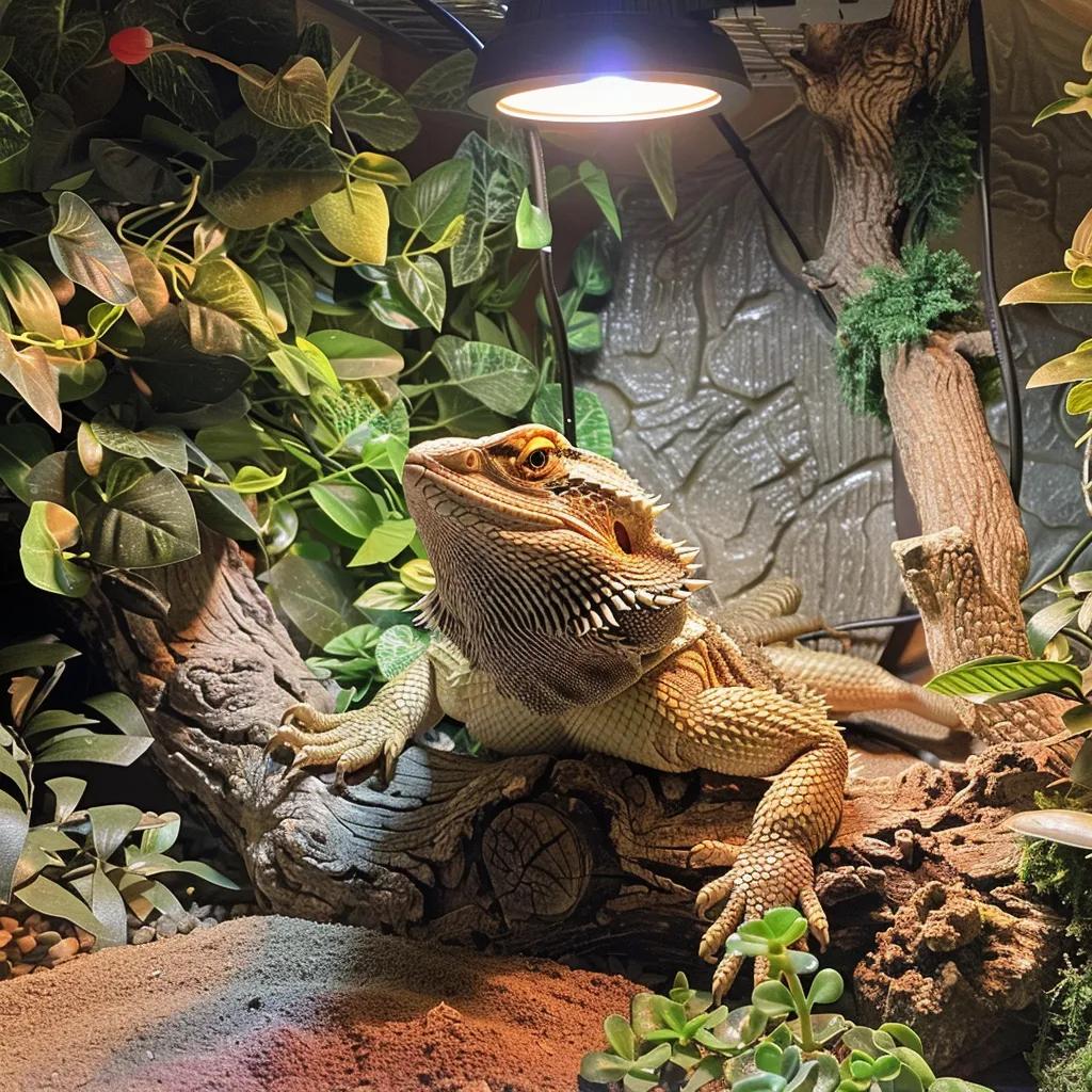 A bearded dragon basking under a heat lamp in a terrarium, demonstrating thermoregulation behavior