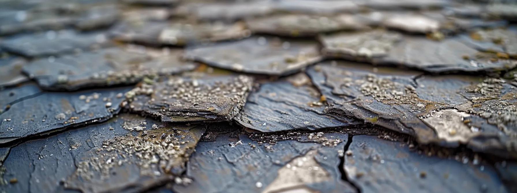 a close-up shot of weathered asphalt shingles on a rooftop, prominently displaying patches of missing granules that expose the underlying material, highlighting the signs of aging and the potential for damage under harsh urban sunlight. a close-up shot of weathered asphalt shingles on a rooftop, prominently displaying patches of missing granules that expose the underlying material, highlighting the signs of aging and the potential for damage under harsh urban sunlight.