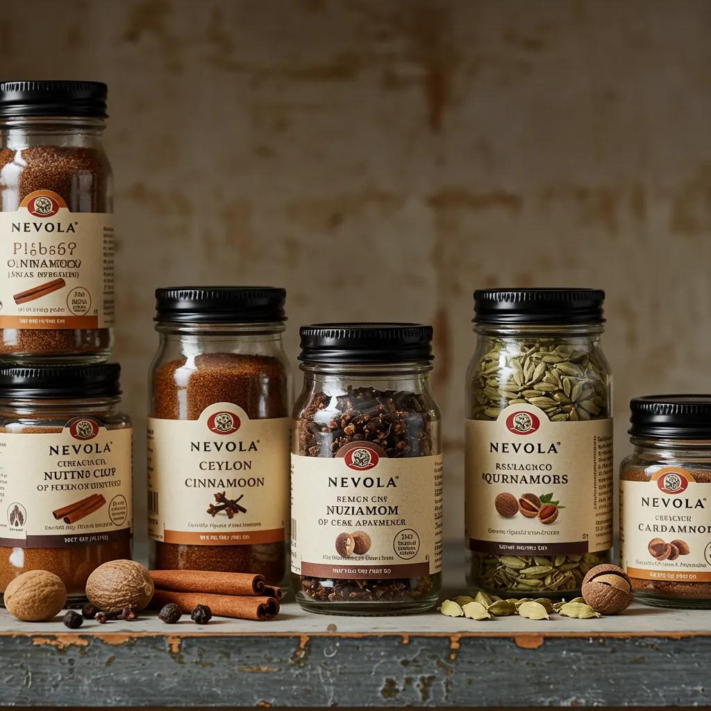 A curated selection of Nevola spices presented in elegant glass jars on a rustic kitchen shelf, emphasizing their premium quality and authentic origin