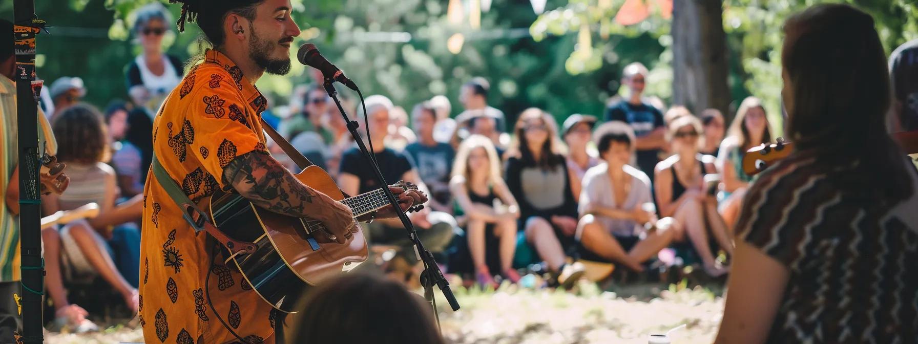 A musician performing at a community event, engaging with fellow artists and audience members.