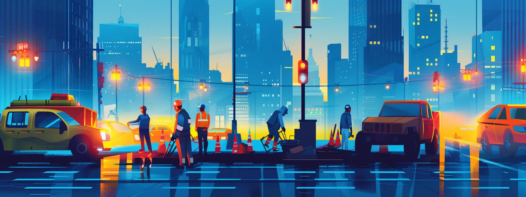 A dynamic cityscape at dusk, showcasing a vibrant maintenance team swiftly addressing a clogged drain, surrounded by glowing streetlights and a sense of urgency in the air.