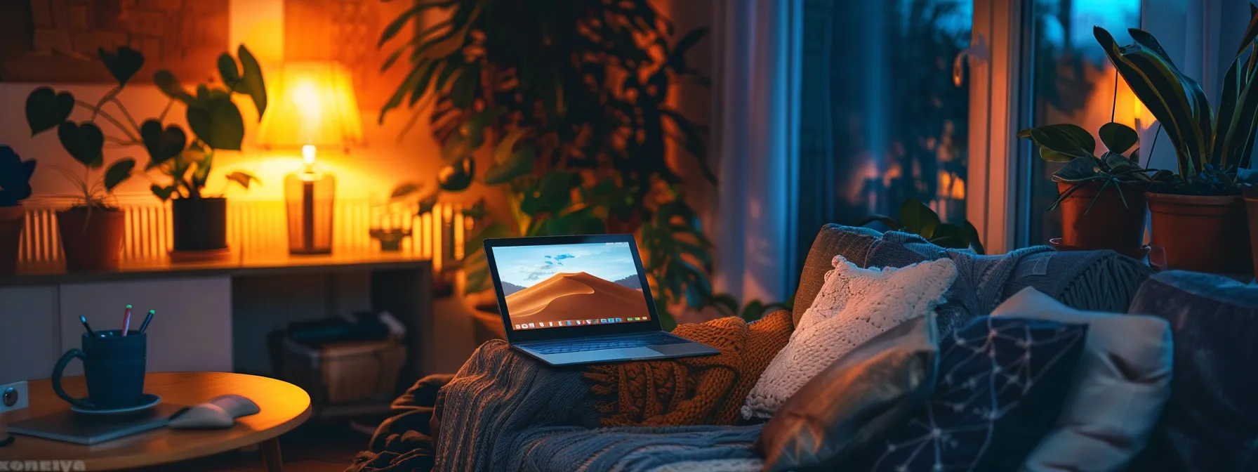 A cozy home workspace at night with a laptop open to an online shopping page, soft ambient lighting, and a relaxed, focused vibe