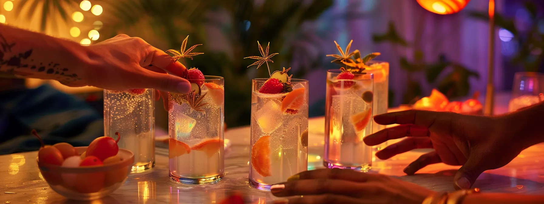 A cozy indoor scene at night with soft lighting and bold, cosmic accents. A table is set with THC seltzer glasses featuring fruit garnishes. Hands reach in or rest nearby—no faces shown. The vibe is relaxed, social, and buzzed, with hints of Tropical Orbit, Moondust Melon, and Stellarberry Lemonade. No logos or product cans visible.