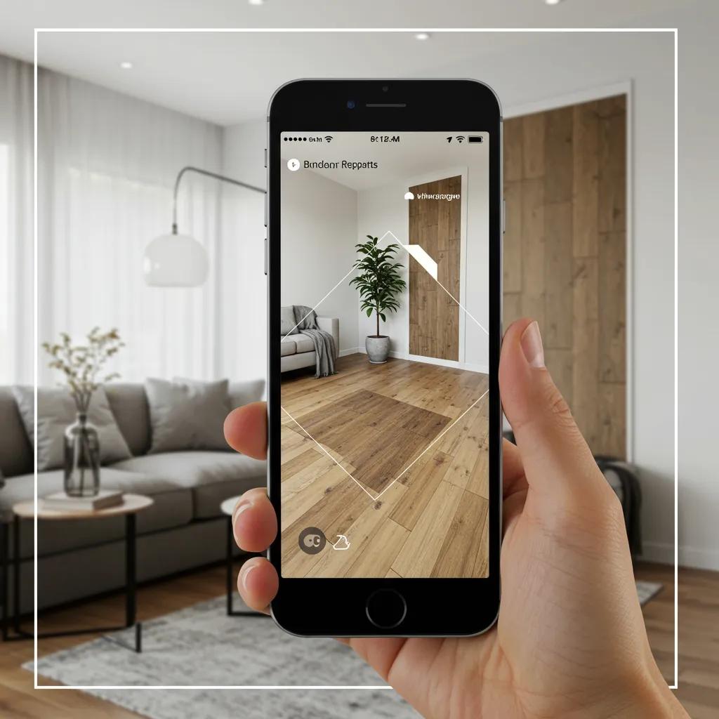 Augmented reality app showing virtual flooring sample in a real room setting