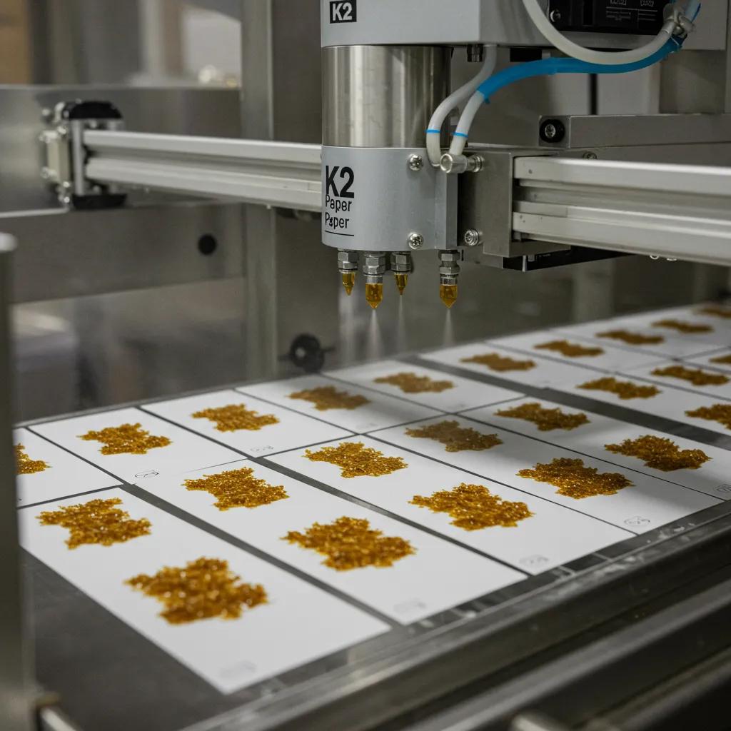 Automated machinery precisely applying cannabinoid concentrates onto K2 paper sheets within a manufacturing facility