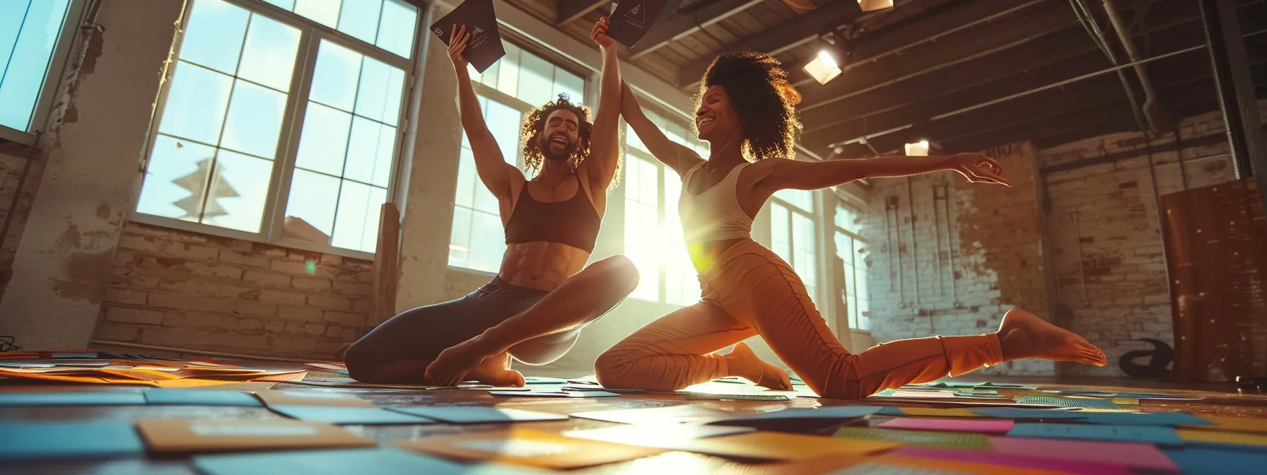 two people laughing and balancing together in a yoga pose, surrounded by fitness cards scattered on the floor.