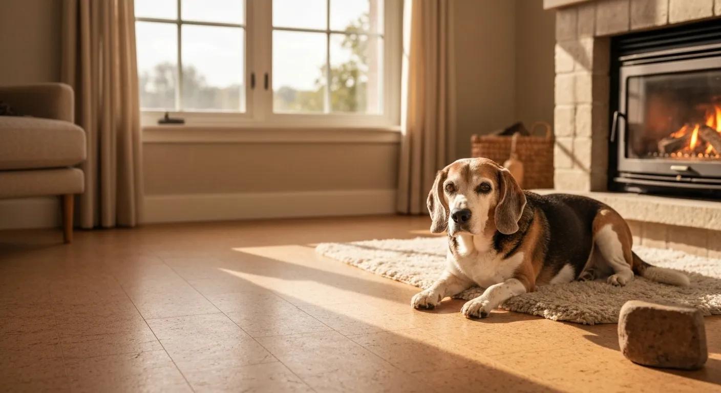 Room with cork flooring and a senior dog resting, highlighting comfort and warmth