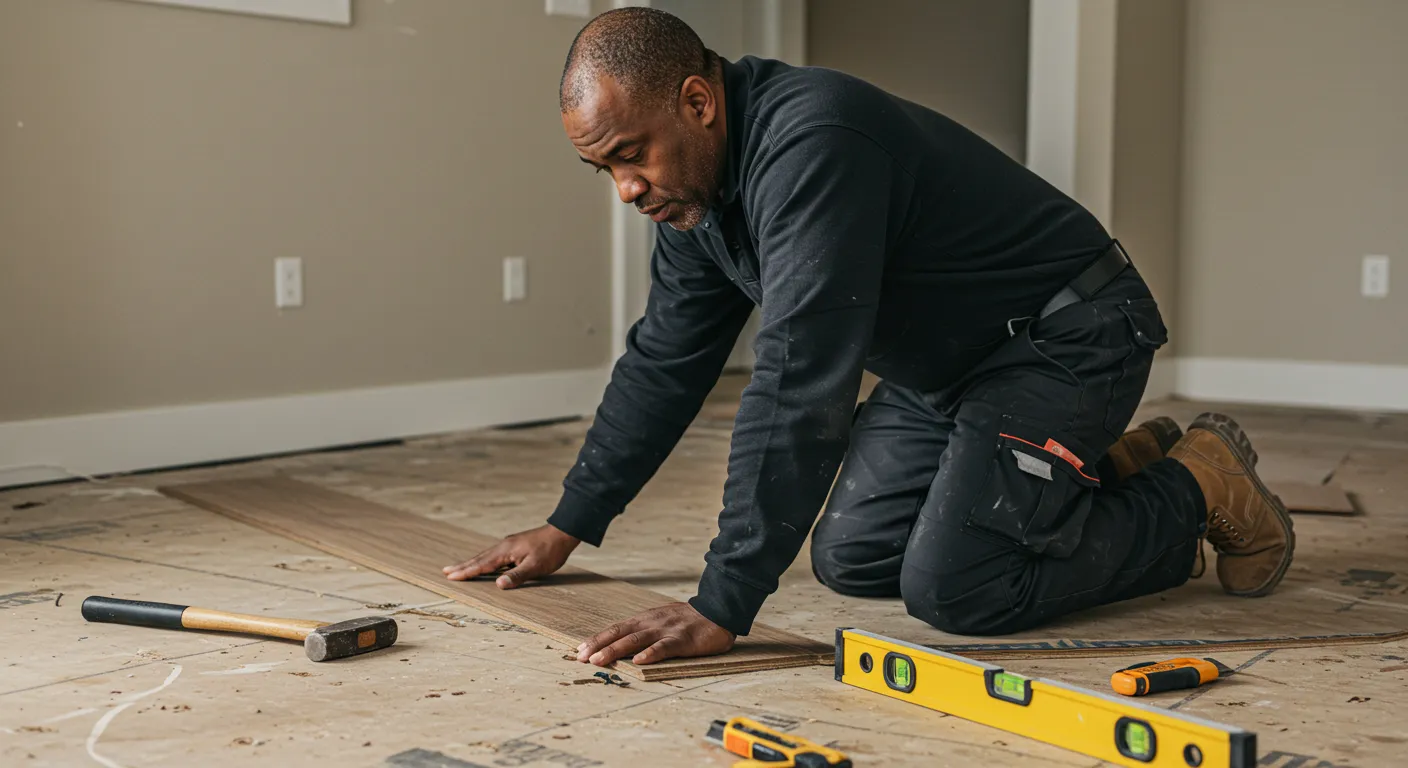 Flooring expert checking subfloor before installing new flooring